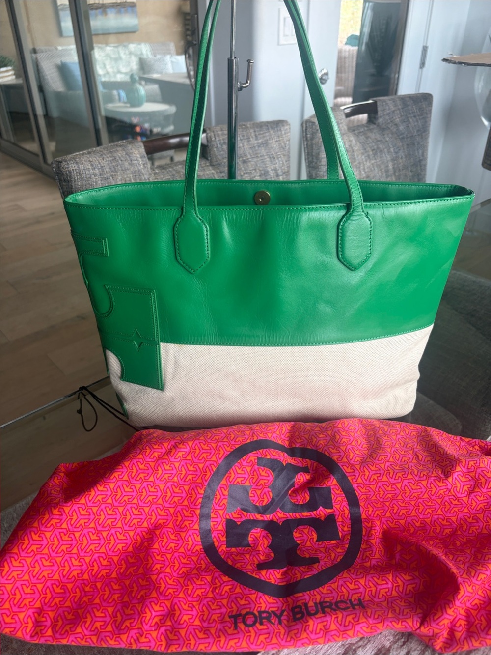 Tory Burch Green and Cream Leather-Trim Canvas Tote